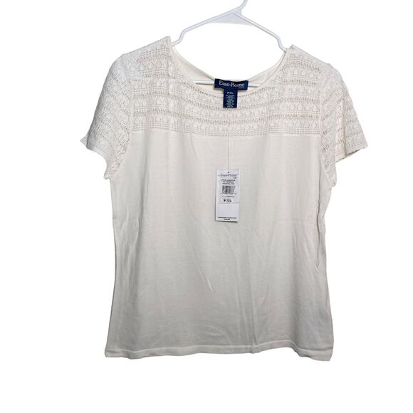 Evan Picone Sweater Women's Petite XL Ivory Lace Short Sleeve Round Neck NWT - Picture 1 of 9